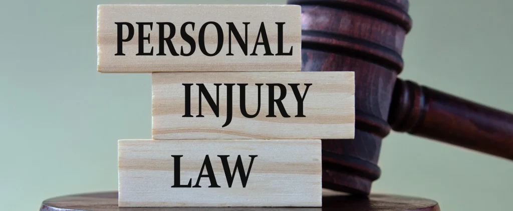 PERSONAL INJURY LAW - words on wooden blocks against the background of a judge's gavel with a stand.